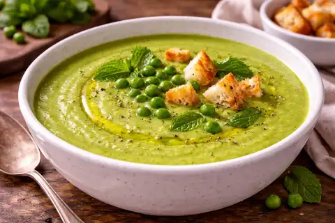 Лёгкий крем-суп из зелёного горошка с мятой и сливочной текстурой.