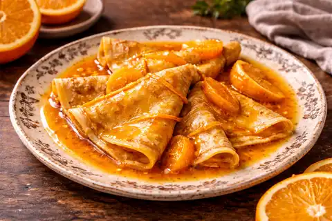 Тонкие французские крепы в ароматном апельсиново-сливочном соусе с лёгкой карамельной нотой.