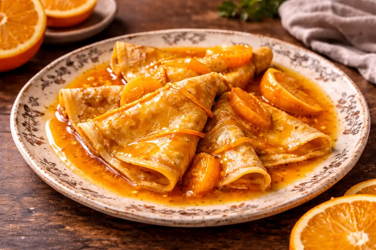 Тонкие французские крепы в ароматном апельсиново-сливочном соусе с лёгкой карамельной нотой.