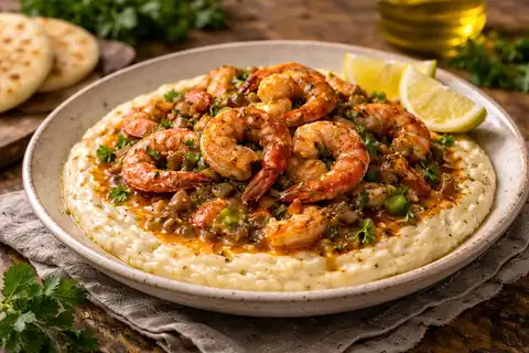 Классическое американское блюдо с сочными креветками в пикантном соусе и нежной сливочной кашей.
