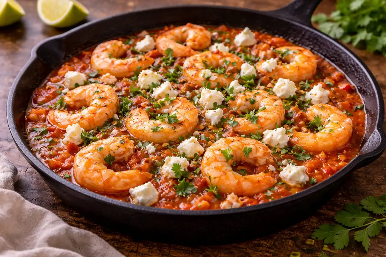 Греческие креветки в томатном соусе с фетой, чесноком и орегано.