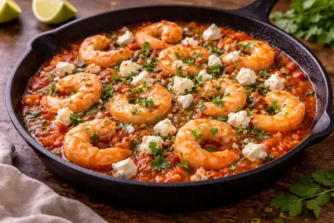 Греческие креветки в томатном соусе с фетой, чесноком и орегано.