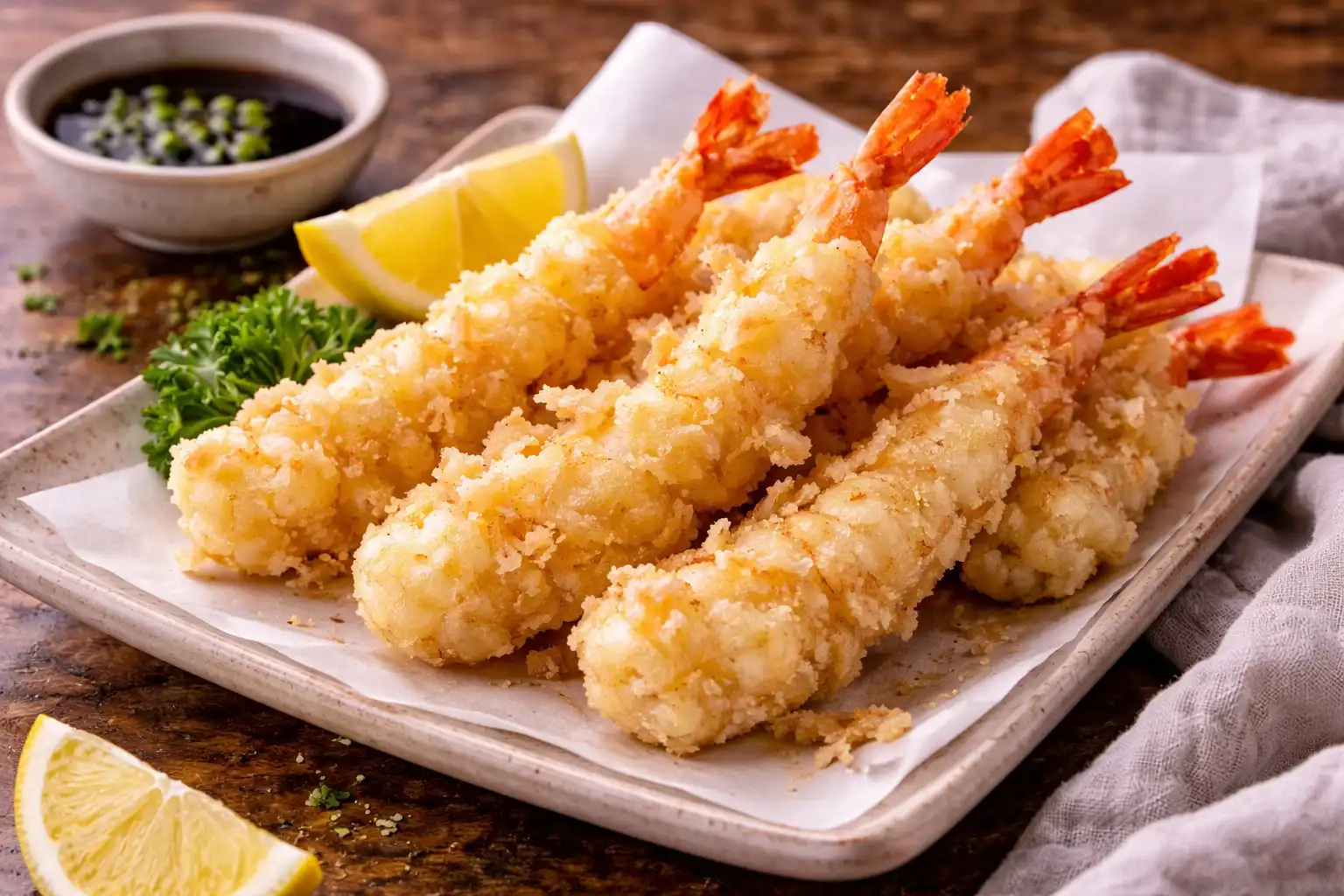 Хрустящие японские креветки в легком кляре темпура с воздушной золотистой корочкой.