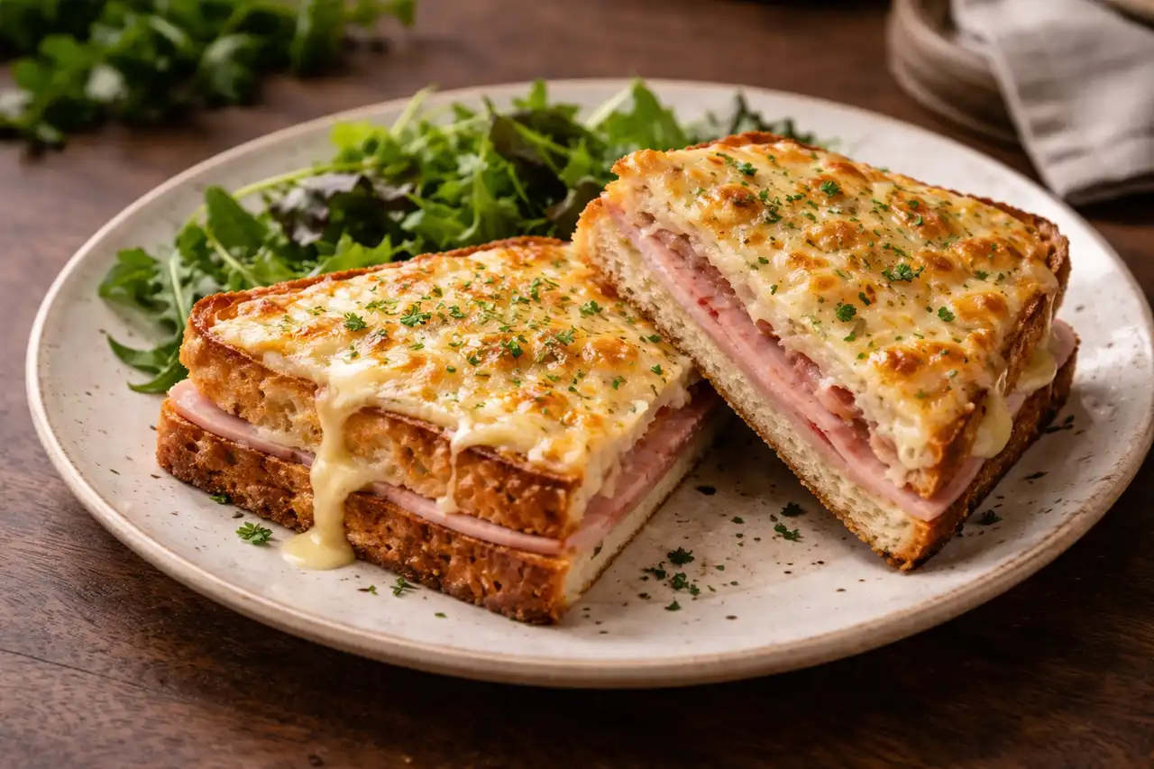 Французский горячий сэндвич с ветчиной, сыром грюйер и нежным соусом бешамель.