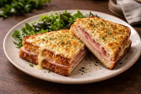 Французский горячий сэндвич с ветчиной, сыром грюйер и нежным соусом бешамель.