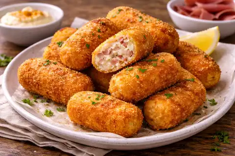 Классические испанские крокеты с хамоном в хрустящей панировке и нежной сливочной серединой.