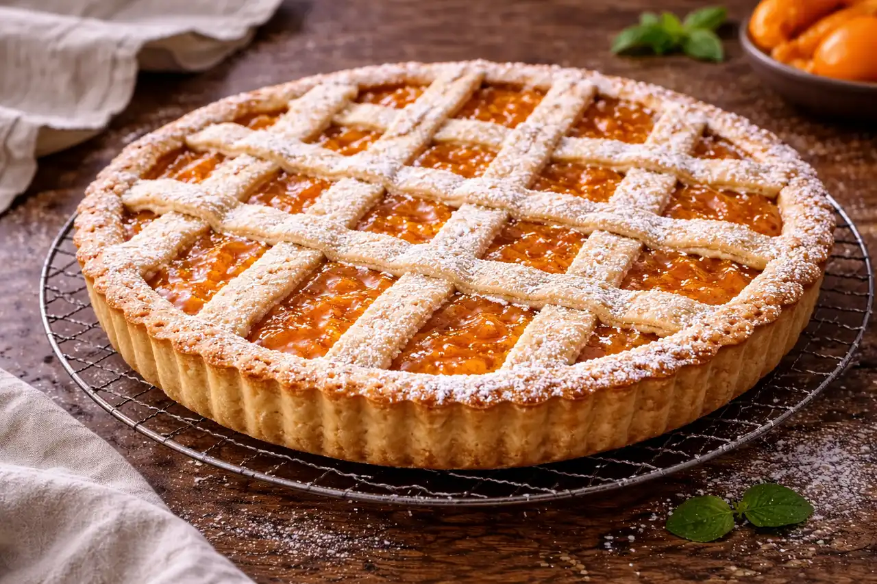 Рассыпчатая итальянская кростата с нежным песочным тестом и яркой абрикосовой начинкой.