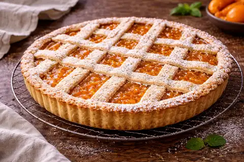 Рассыпчатая итальянская кростата с нежным песочным тестом и яркой абрикосовой начинкой.