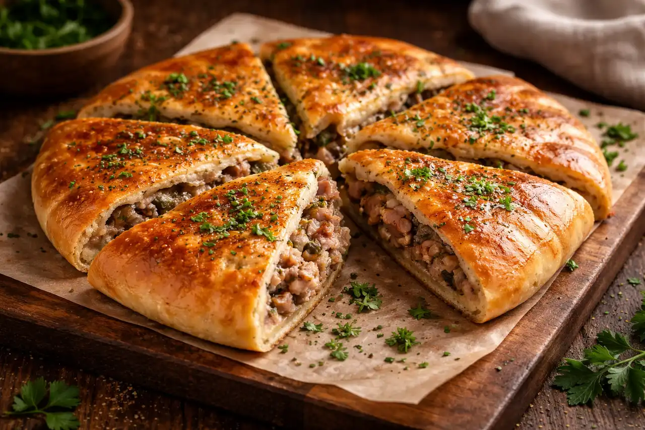 Традиционная грузинская мясная лепёшка из дрожжевого теста с пряной начинкой из свинины и лука.