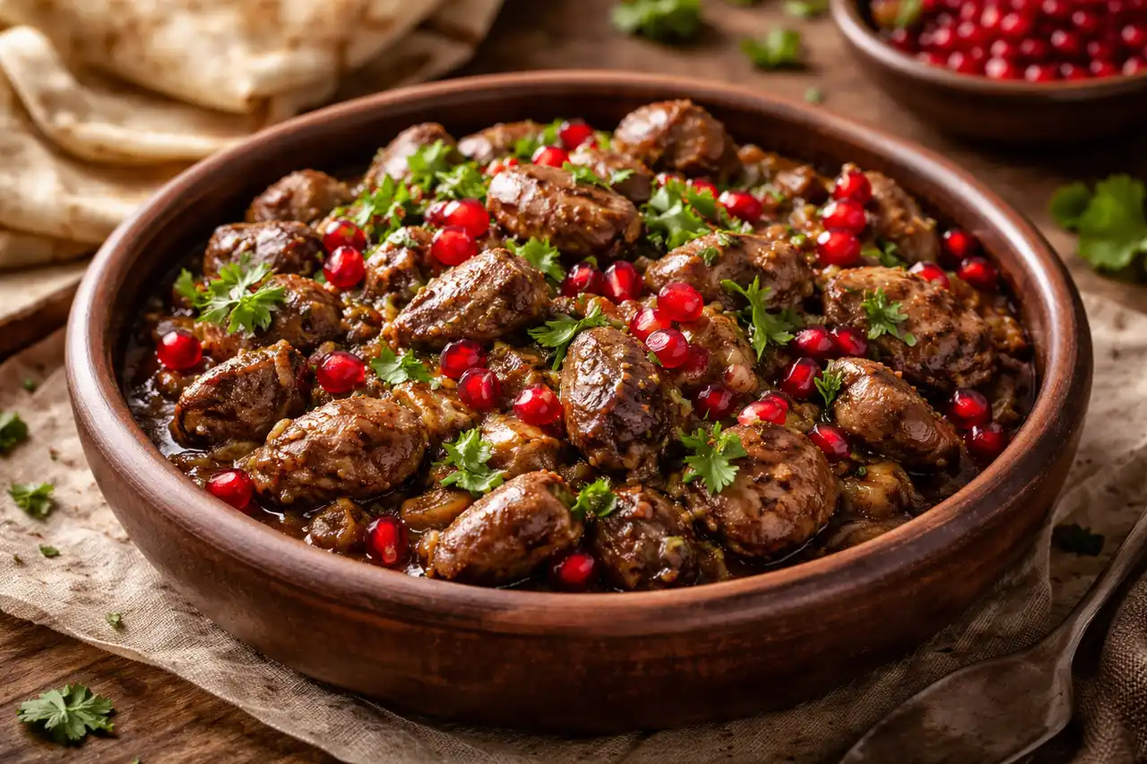 Традиционная грузинская тёплая закуска из куриных потрошков с луком, специями и зёрнами граната.