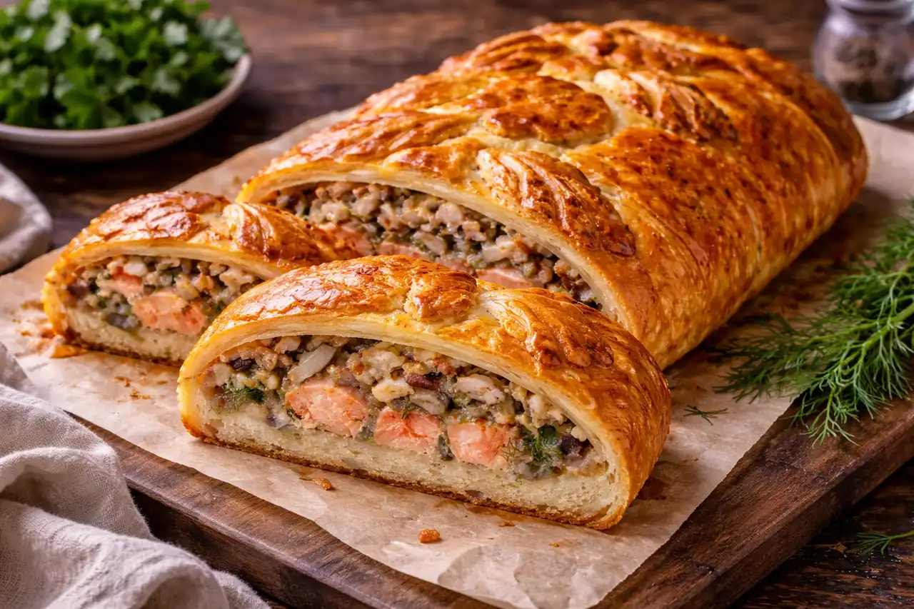 Традиционный рыбный пирог с лососем, рисом, грибами и сочной начинкой в румяном тесте.