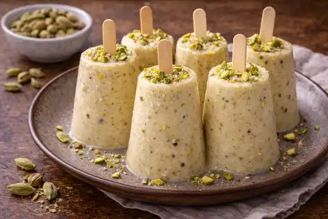 Традиционное индийское мороженое кулфи на уваренном молоке с кардамоном и орехами.