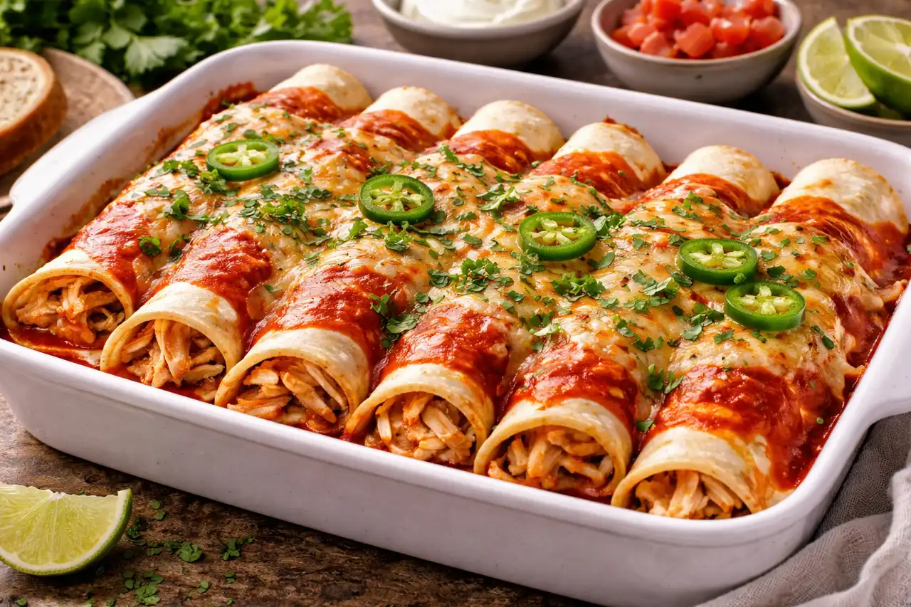 Запечённые тортильи с курицей и сыром под томатным соусом в мексиканском стиле.