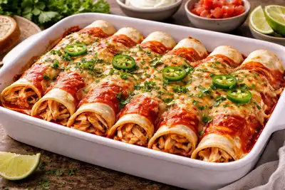 Запечённые тортильи с курицей и сыром под томатным соусом в мексиканском стиле.