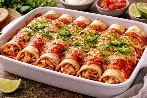 Запечённые тортильи с курицей и сыром под томатным соусом в мексиканском стиле.