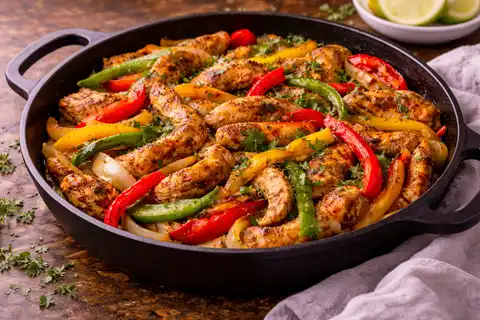Сочные куриные фахитас с обжаренным сладким перцем, луком и пряным лаймовым маринадом.