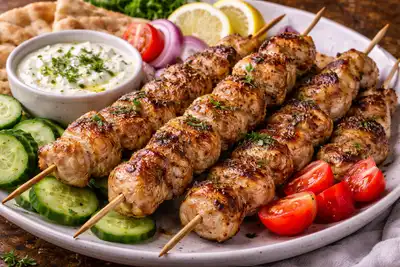 Греческие куриные шашлычки в лимонно-чесночном маринаде с орегано и оливковым маслом.