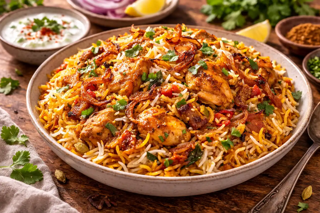 Ароматный индийский рис с курицей, йогуртом и специями в стиле классического бирьяни.