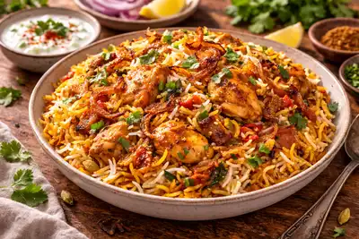 Ароматный индийский рис с курицей, йогуртом и специями в стиле классического бирьяни.