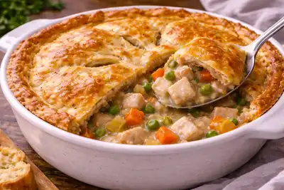 Сытный американский пирог с курицей, овощами и сливочным соусом под румяной слоёной корочкой.