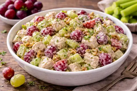 Лёгкий куриный салат с виноградом, сельдереем и йогуртовой заправкой.