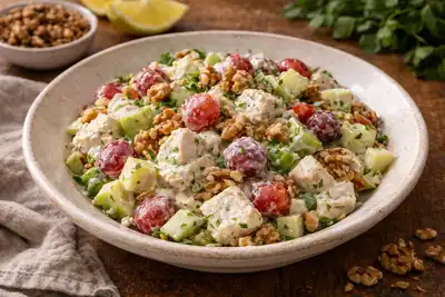 Хрустящий салат с курицей, яблоками, сельдереем, виноградом и ореховой заправкой.