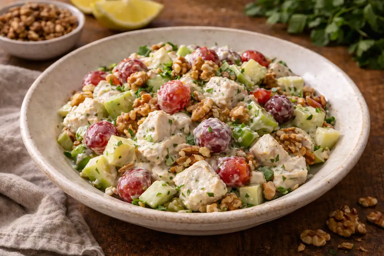 Хрустящий салат с курицей, яблоками, сельдереем, виноградом и ореховой заправкой.