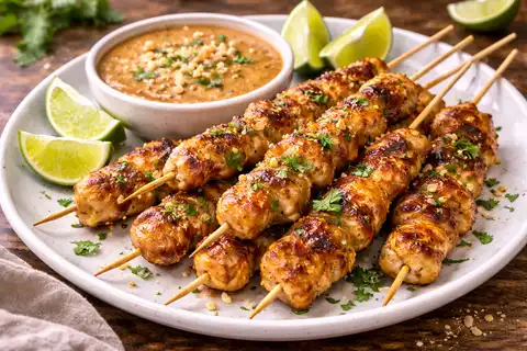 Тайские шашлычки из маринованной курицы с пряным арахисовым соусом и ярким ароматом специй.