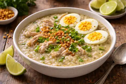 Согревающий куриный суп с рисом, имбирём и чесноком.