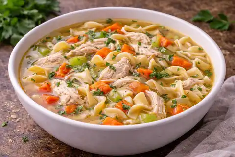 Сытный домашний суп с курицей, овощами и лапшой в ароматном бульоне.