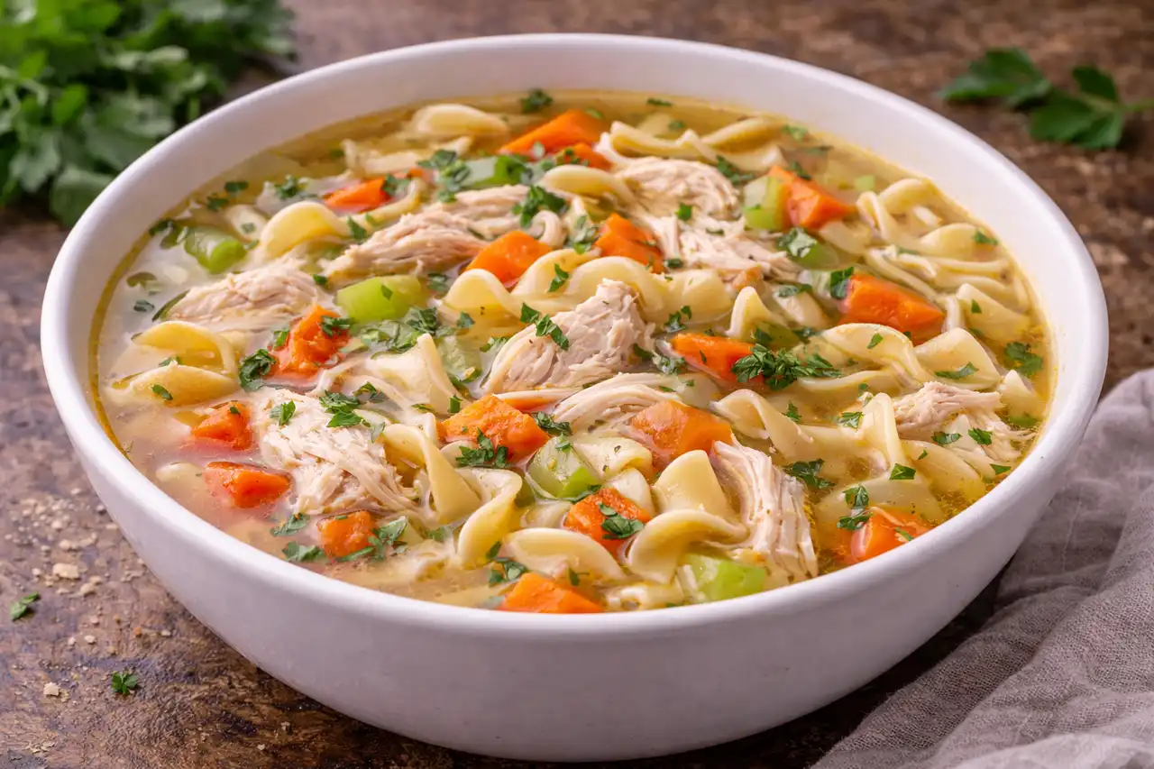 Сытный домашний суп с курицей, овощами и лапшой в ароматном бульоне.