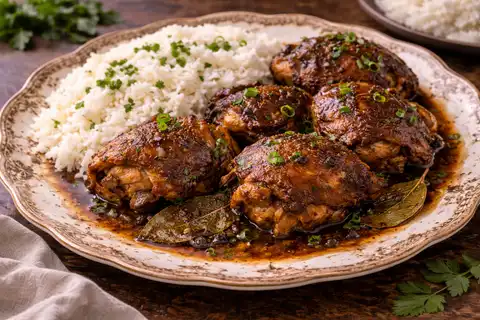 Сочная курица, томлённая в соево-уксусном соусе с чесноком, лавром и чёрным перцем.