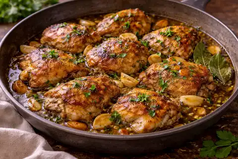 Классическая испанская курица, тушённая с чесноком, белым вином и травами.