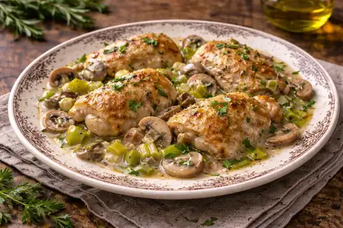 Классическое французское рагу из курицы в мягком сливочно-винном соусе с грибами и луком-пореем.