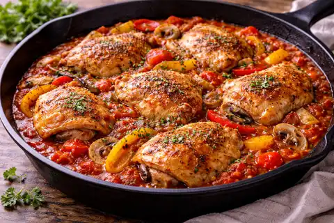 Тушёная курица в томатном соусе с перцем, луком и ароматными травами.