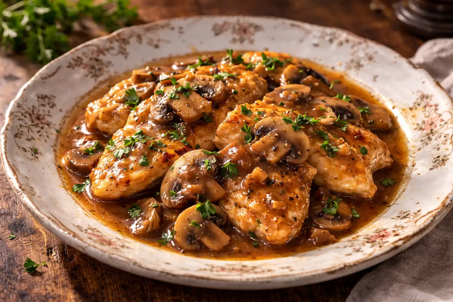 Нежное куриное филе в насыщенном соусе марсала с грибами и сливочным послевкусием.
