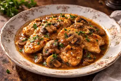 Нежное куриное филе в насыщенном соусе марсала с грибами и сливочным послевкусием.