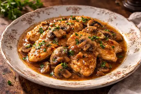 Нежное куриное филе в насыщенном соусе марсала с грибами и сливочным послевкусием.