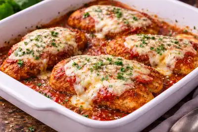 Хрустящее куриное филе в томатном соусе под моцареллой и пармезаном.