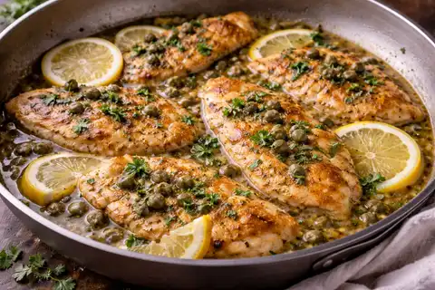 Нежная курица в ярком лимонно‑каперсном соусе с нотками пармезана.