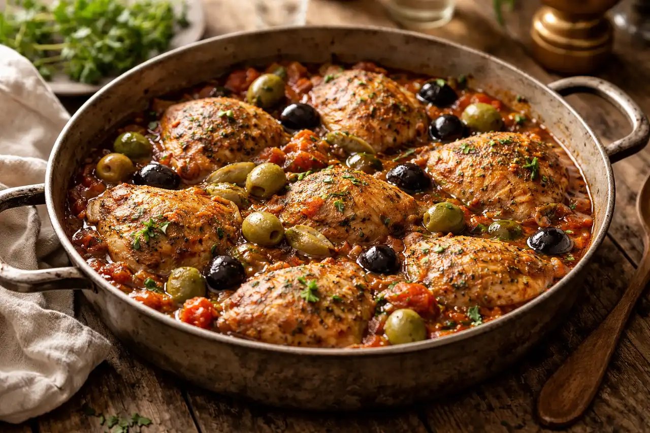 Сочная курица, тушённая с томатами, чесноком, белым вином, оливками и прованскими травами.