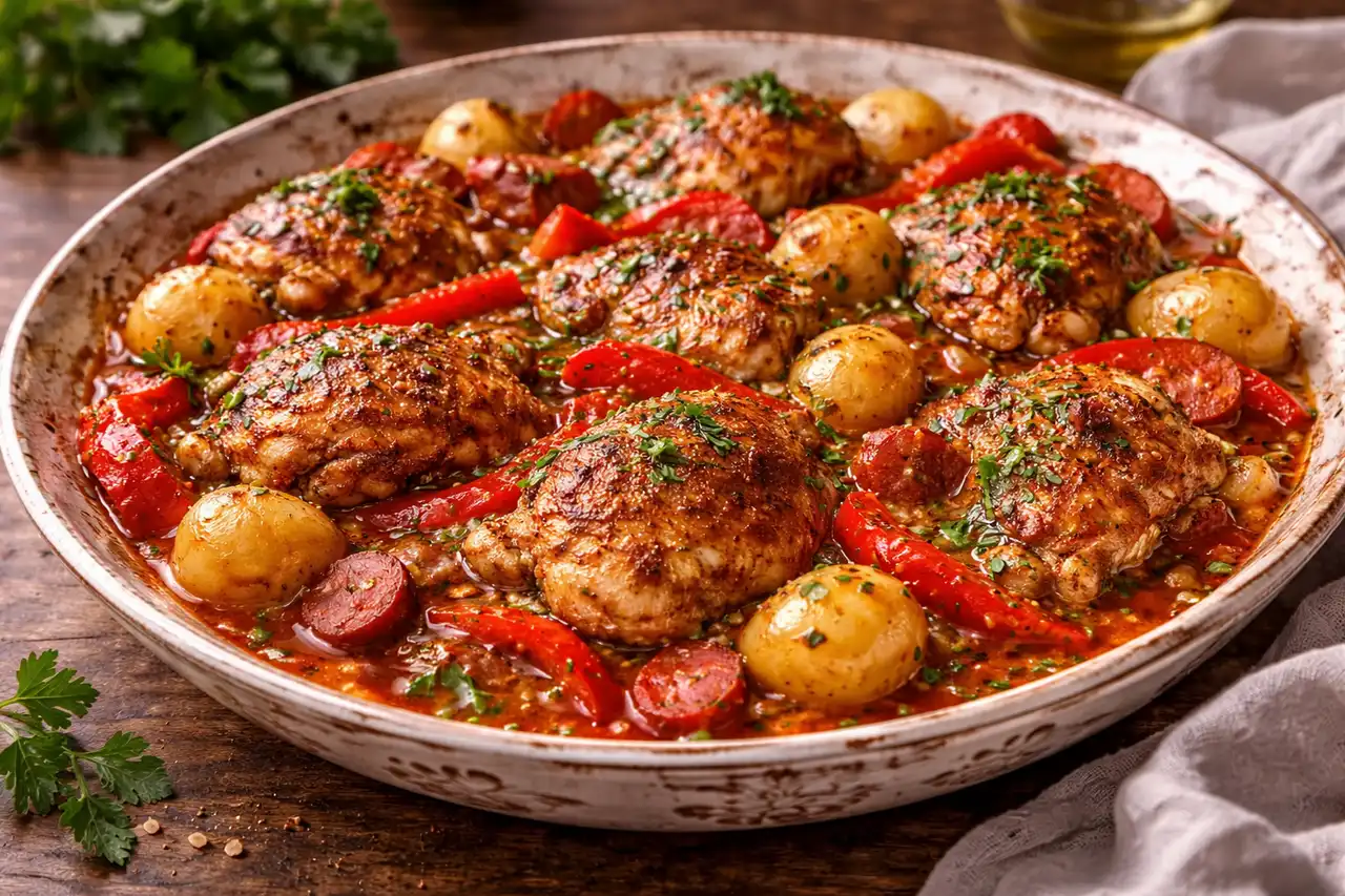 Французская курица по-баскски с чоризо, сладким перцем, белым вином и молодым картофелем.