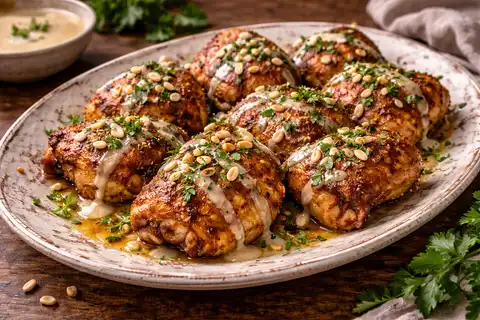 Запечённая пряная курица в турецком стиле с лимонно-тахинным соусом и кедровыми орехами.