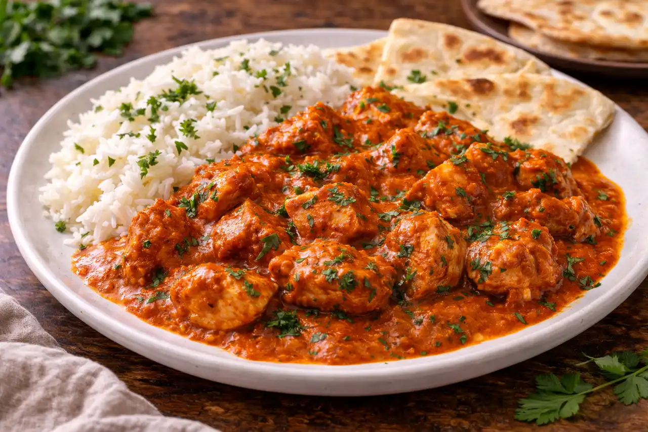 Пряная курица в густом томатно-сливочном соусе с гарам масалой и имбирём.