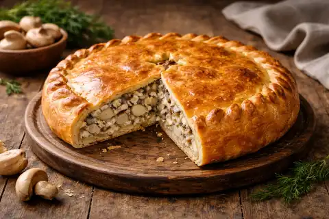Традиционный русский пирог с сочной начинкой из курицы, грибов, риса и ароматной зелени.