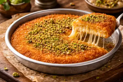 Хрустящий восточный десерт из теста катаифи с мягкой сырной начинкой и ароматным сиропом.