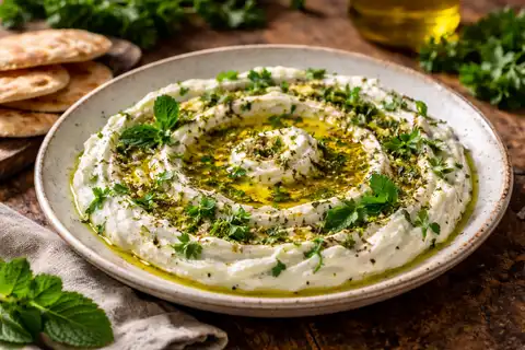 Нежная ближневосточная закуска из густого йогурта с заатаром, свежими травами и оливковым маслом.