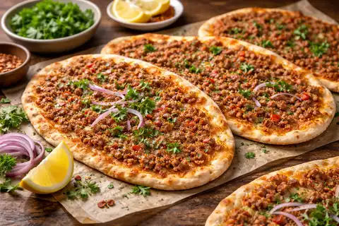 Тонкие восточные лепёшки с пряной начинкой из говядины, томатов, перца и свежей зелени.