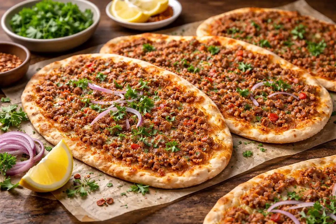 Тонкие восточные лепёшки с пряной начинкой из говядины, томатов, перца и свежей зелени.