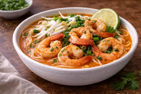 Ароматный азиатский суп с кокосовым бульоном, креветками, рисовой лапшой и пряной пастой карри.